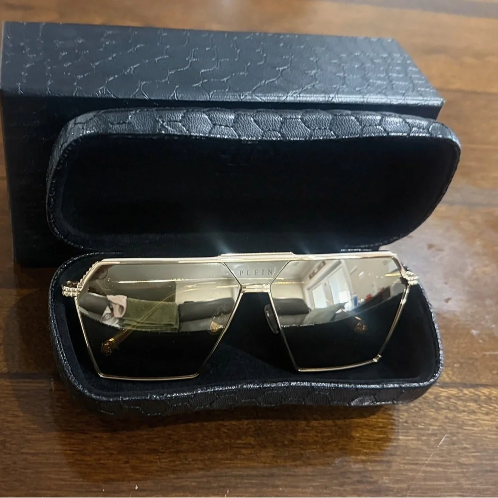 Philipp Plein Gold Titanium Geometric Sunglasses | Luxury Designer Frame w/ Case